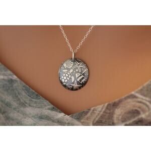 Sterling Silver Sea Life Pendant Necklace, Domed Aquamarine Pendant Necklace